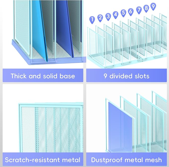 9-Section Desk File Organizer, Vertical File Holder, Mesh Desktop File Folder Metal File Organizer Stand for Office Home Classroom, Blue - Image 5