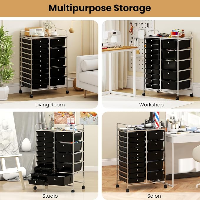 Giantex 15 Drawer Rolling Cart with Drawers, Storage Organizer Cart for Classroom Office School Teacher, Mobile Drawer Cart for Tools, Crafts, Small Printer, Black - Image 8
