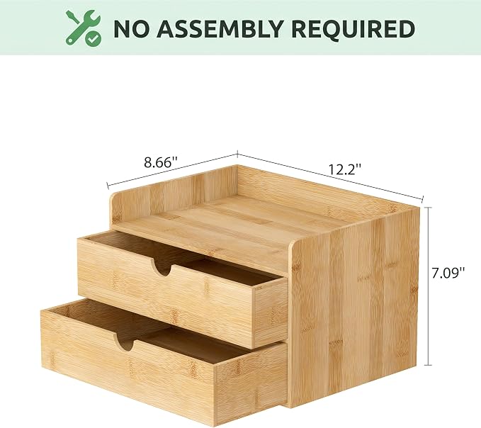 Bamboo Desk Organizer with Drawers, Desktop Storage for Office Supplies | 2 Drawers Desktop organizer, No Assembly Required, Natural Wood Wooden Desktop Drawers Box for Bills, Cosmetics, Seals, Paper - Image 3