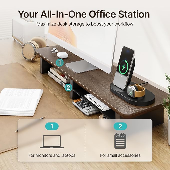 31.5" Dual Monitor Riser, Metal Shelf Wooden Desk Organizer | Walnut Wooden Desk Shelf for 2 Monitors/TV,Monitor Stand Riser for Desk, Wood Monitor Stand Organizer for Home Office - Image 4