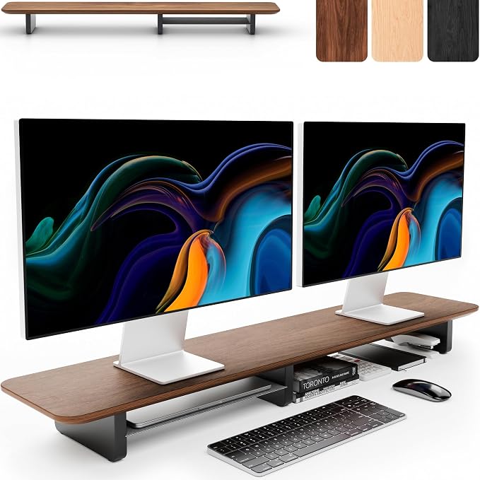 KIVY Dual Monitor Riser with Integrated Metal Shelf - Wooden desk shelf for top of desk - Wood monitor stand for desk 2 monitors / tv - Dual monitor stand riser for desk - Large walnut monitor stand by KIVY