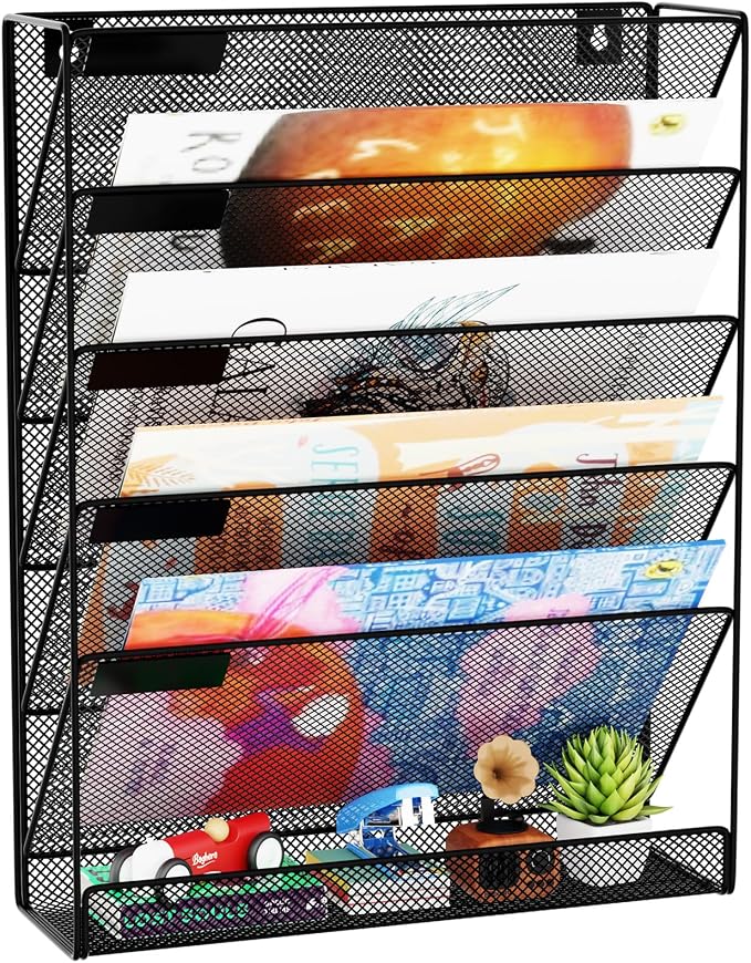 Wall File Organizer Holder Mesh Hanging Paper Document Holder,Vertical 6 Pocket Tier for Office Home, Black by GDINDINFAN