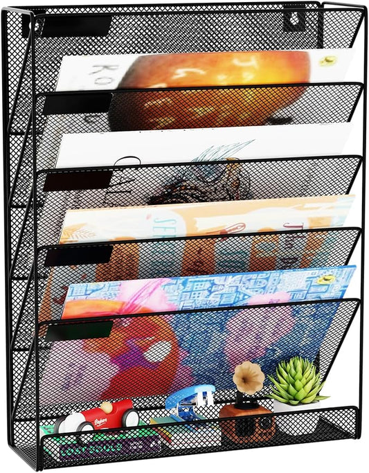 Wall File Organizer Holder Mesh Hanging Paper Document Holder,Vertical 6 Pocket Tier for Office Home, Black by GDINDINFAN
