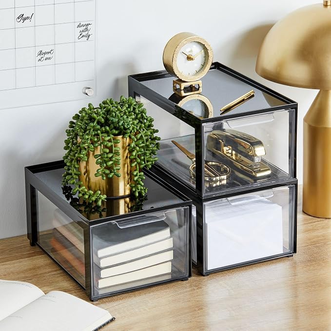 mDesign Plastic Desk Organizer and Storage Bin w/Pull Out Drawer - Stackable Office Storage Container for Office Supplies - Desktop Drawer Organizer - Lumiere Collection - 4 Pack - Black/Clear - Image 2