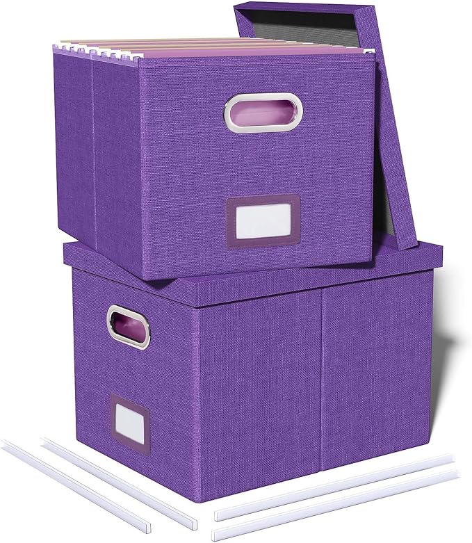 2 Pack File Storage Organizer, Filing Box, Portable File Box with Lid, Fit for Letter/Legal File Folder Storage, Document Organizer, Purple by Oterri