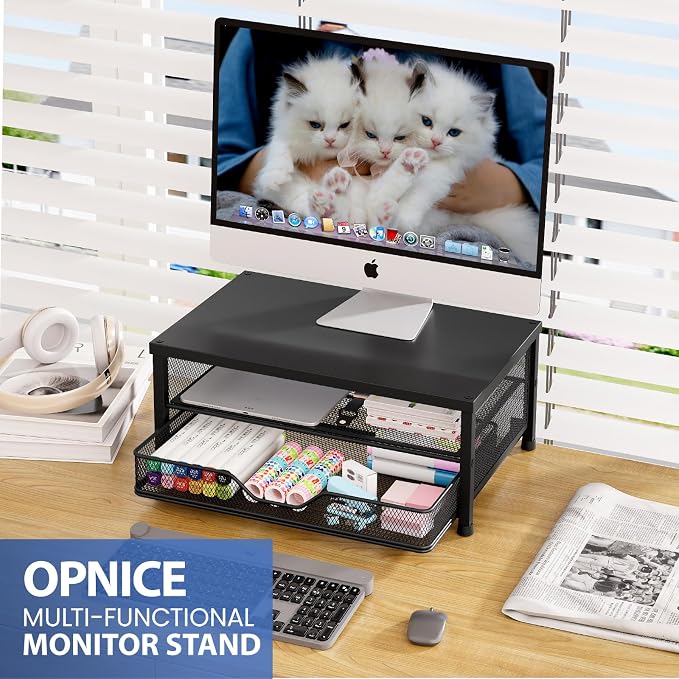 Computer Monitor Stand Riser, Desk Organizer with Drawer, Printer & Laptop Stand, Office Desk Accessories & Workspace Desktop Organizers Storage for Office Supplies(Black) - Image 2