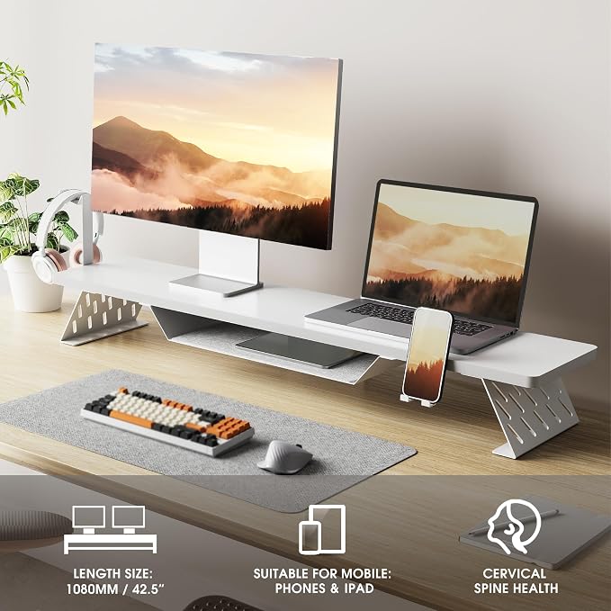 Fenge Dual Monitor Stand, Wooden Desk Shelf with Headphone & Phone Holder | 42.5" Monitor Riser with Storage Shelf, 2-Tier Monitor Shelf with Metal Leg for Home Office Organizer, White - Image 6