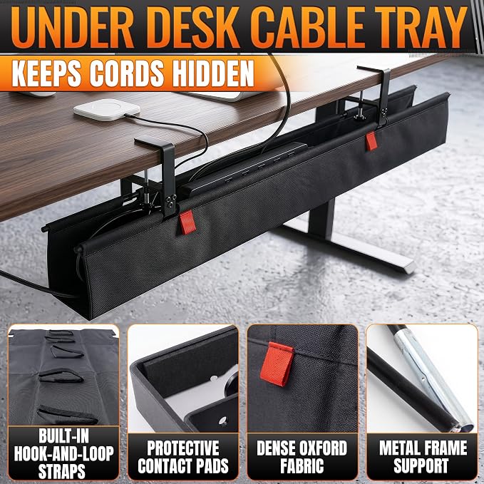 Under Desk Cable Management Tray 48" — No Drill Clamp-On Cord Organizer for Desk with Built-in Ties, Heavy Duty Metal Clamp, Foldable 600D Oxford Fabric for Home Office, WFH & Gaming PC Setup (Black) - Image 6