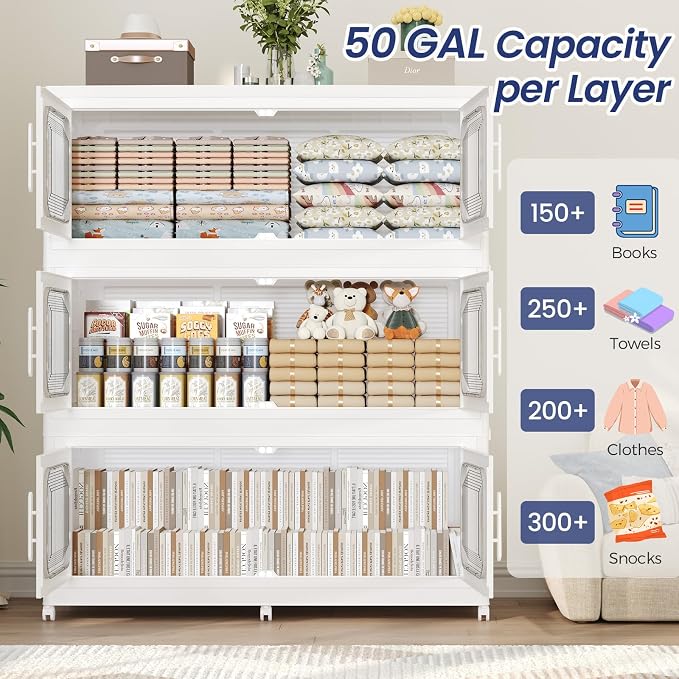 200Gal Exra Large Stackable Storage Bins with Lid, 800QT Collapsible Storage Box with 6x Wheels, Folding Plastic Cabinet Container with Door Drawer for Home Kitchen Office Dorm, 4Pack White - Image 3