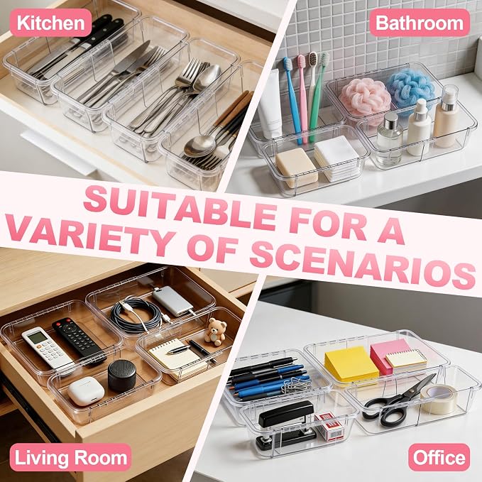 autumndeer 12 Pack Drawer Organiser Set, Adjustable Makeup Drawer Organizer, 2-Size Stackable Clear Plastic Storage Organizer Bins, Drawer Dividers Set for Vanity, Bathroom, Desk, Office, Bedroom - Image 4