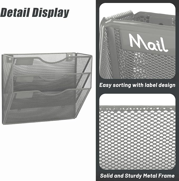 3 Pocket Mesh Hanging Wall File Organizer, Wall Mounted Mail Paper Document Folder Holder, Clipboard Storage Organization Magazine Rack with Nametag Label for Office Home School, Gray - Image 5