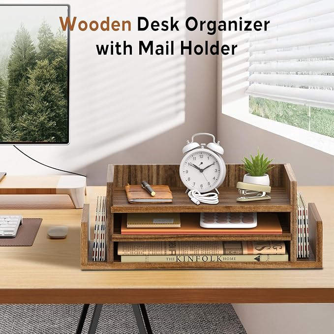 Wooden Desk Organizer, 3-Tier Paper Trays with 2 Mail Sorters, Dark Brown | Fully assembled with open shelves and side slots for sorting files, folder, letter, bill, magazine, notebook - Image 2