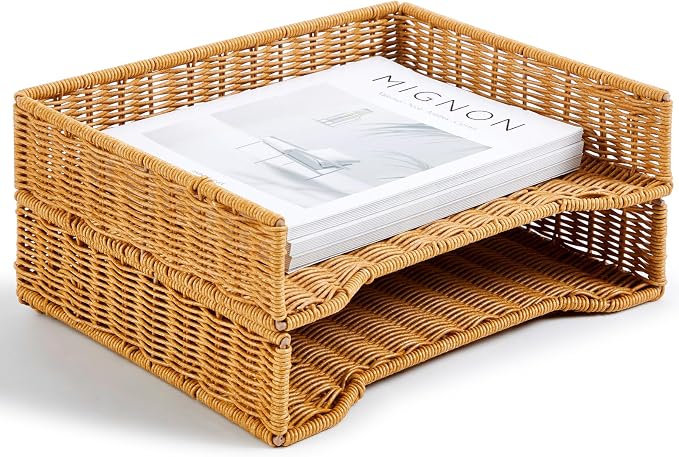 Yeaqee 2 Pcs Paper Tray Organizer for Desk Woven Letter File Organizer A4 File Tray Desk Paper Basket Letter Size Imitation Rattan Holder Organization Rack for Office Storage(Brown,Wheat Ear Pattern) by Yeaqee