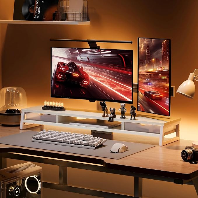 Fenge Dual Monitor Stand Riser, 42.5in Desk Shelf with 2 Drawers, White | 2-Tier Monitor Shelf for Desk, Storage Drawer with Stopper, Frosted, fit Home Office, Ultrawide Screen, PC, Laptop, TV - Image 6