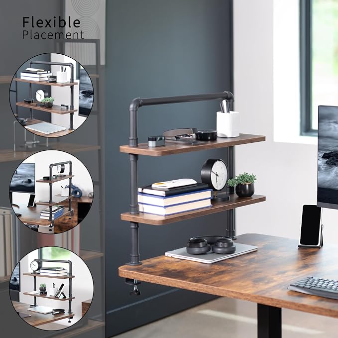 VIVO Clamp-on Premium 24 inch Industrial Pipe 2-Tier Tabletop Shelving, Heavy Duty Desk Extension Organizer, Modern Desktop Display Shelf, Rustic Vintage Brown Shelves, DESK-SHELF24-2N - Image 4
