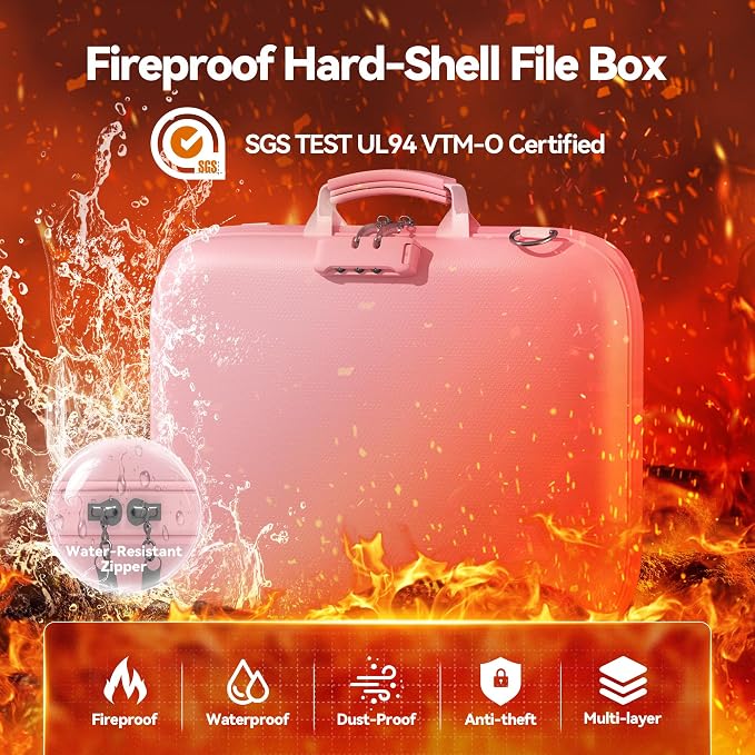 Nacial Fireproof Document Box with Lock & Shoulder Strap, Hard-Shell Fireproof File Organizer with 13 Pocket Accordion File Folder, Portable Safe Storage for Important Documents, Laptop, Pink - Image 2