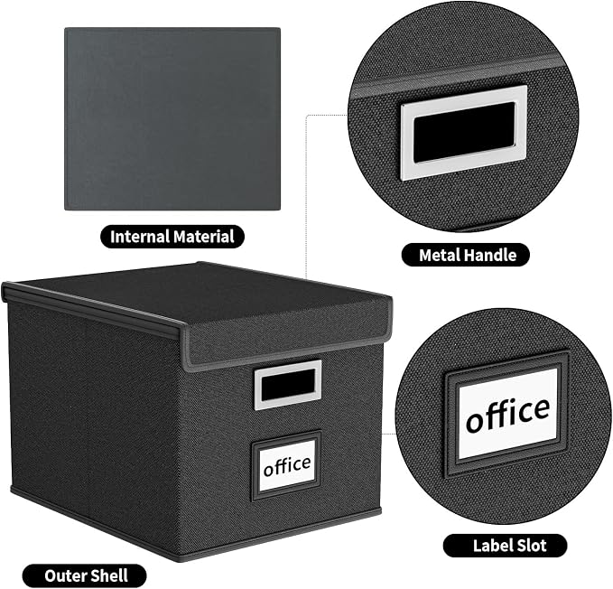 File Organizer Box with Lids, Collapsible File Folder Organizer | File Box with Plastic Slides for Office Document Storage, Filing Bin for Letter Size Hanging File Folders (4 Pack, Black) - Image 3