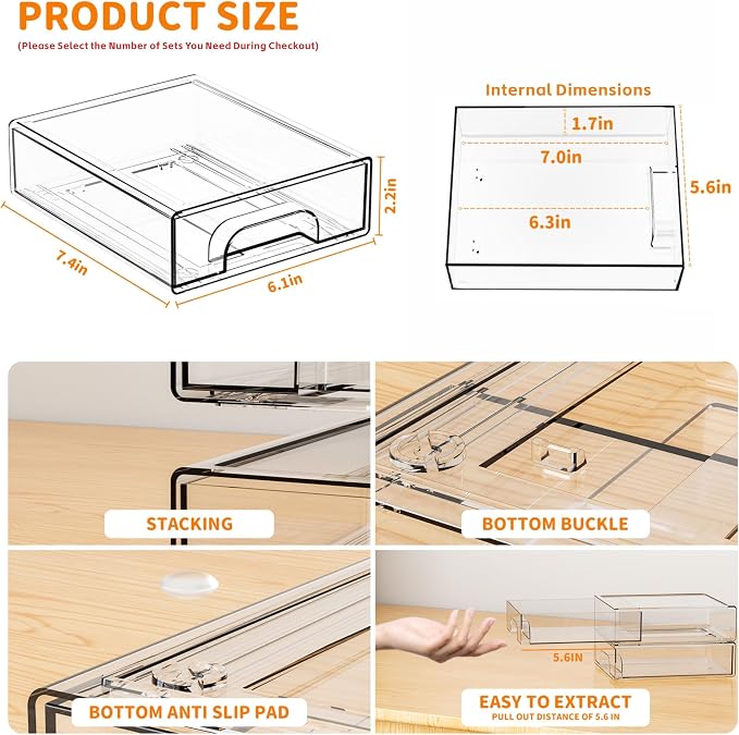2.2'' Tall Acrylic Clear Stackable Storage Drawer Organizer,8 Pack Desk Organization and Storage,Plastic Office Supply Organizer,Drawer Storage Organizer for Makeup,Accessory,Pen,Art Crafts - Image 3