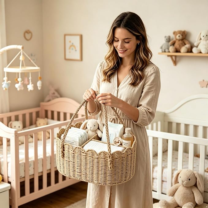 Diaper Caddy Organizer, Paper Rope Storage Baskets Nursery Bin with Removable Divider, Portable Car Organizer for Diapers, Baby Shower Gifts, Newborn Essentials Must Haves (Beige) - Image 7