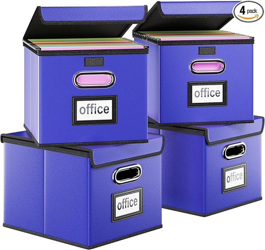 File Organizer Box with Lids, Collapsible File Folder Organizer | File Box with Plastic Slides for Document, Filing Bin for Letter Size Hanging File Folders (4 Pack, Navy Blue, Leather) by Huolewa