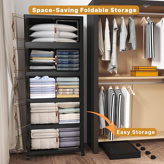 Stackable Storage Bins with Lids, 600QT Closet Organizers and Storage Cabinet with Doors & Wheels, Lockable Plastic Foldable Drawers for Bedroom Dorm Office Garage（120QT*5,Black） - Image 5