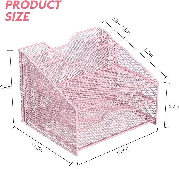 Samstar Pink Desk File Organizer, Mesh Letter File Folder Holder with 3 Paper Trays and 2 Vertical Upright Section, for Office Supplies, Desk Accessories & Workspace, Pink - Image 2