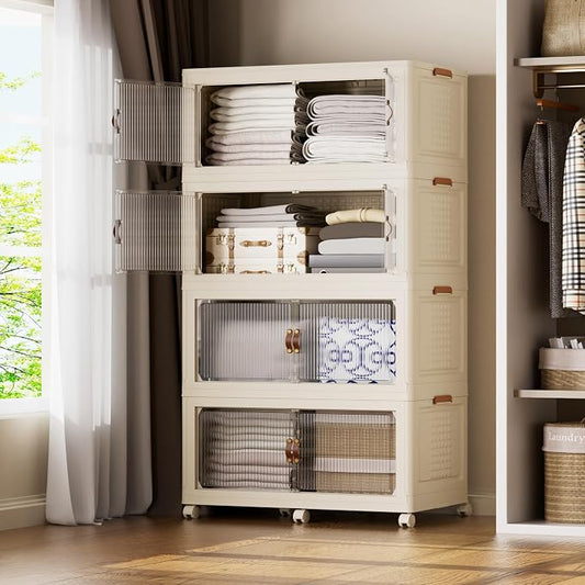 SAILUN 760Qt Stackable Storage Bins,Storage Cabinet with a Lid,4 Pack Cream | Stackable Storage Drawers with Lids,33.5" W x 19" D x 69" H,Featuring open-front Access for Clothes and Closet Storage by SAILUN