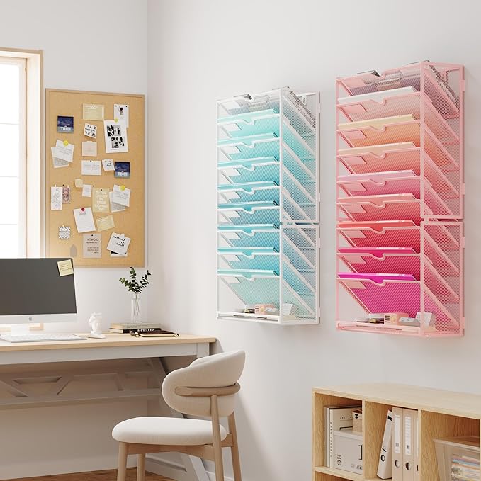 Lavatino 10-Tier Hanging Wall File Folders Organizer - Pink Metal Mesh Paper Magazine Document Mail Holder File Organizer for Office School Home Wall Mount or Desk Supplies Organization - Image 6