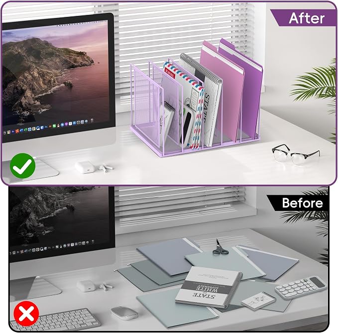 File Organizer for Desk, 5-Section Vertical File Sorter, Paper Holder Organizer Standing Metal File Folder for Office Home Classroom, Purple - Image 6