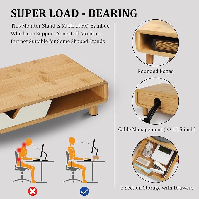 Homerays Monitor Stand with Drawer, Exquisite Computer Monitor Stand for Desk, Ergonomic Wood Monitor Stand Riser for Computer,Laptop,Printer,TV,Bamboo,White - Image 5