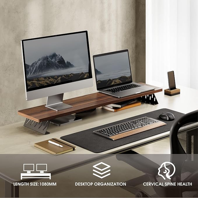 Fenge Monitor Stand Riser, Wooden & Metal Desk Shelf Organizer, Brown | 42.5 Inch Dual Monitor Riser for 2 Monitors, Multifunctional Monitor Shelf for Laptop, PC, Printer - Image 8