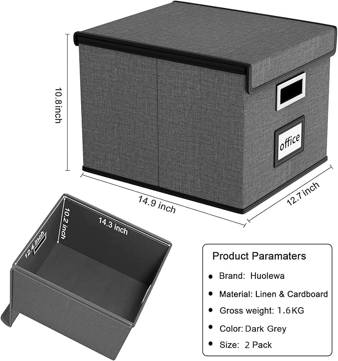 File Organizer Box with Lids, Collapsible File Folder Organizer | File Box with Plastic Slides for Document, Filing Bin for Letter Size Hanging File Folders (2 Pack, Dark Gray) - Image 5
