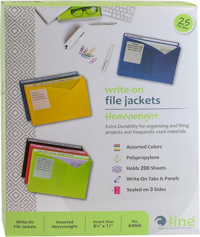 C-Line Write-On Poly File Jackets, Straight Tab, Letter Size, Assorted Colors, (Pack of 125) - Image 6