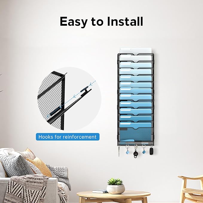 13-Tier Hanging Wall File Organizer with Hooks, 2 Pack | Mesh Wall File Holder, Mail Organizer Wall Mounted for Papers, Documents, Folders and Magazines in Home Office, Classroom - Image 4