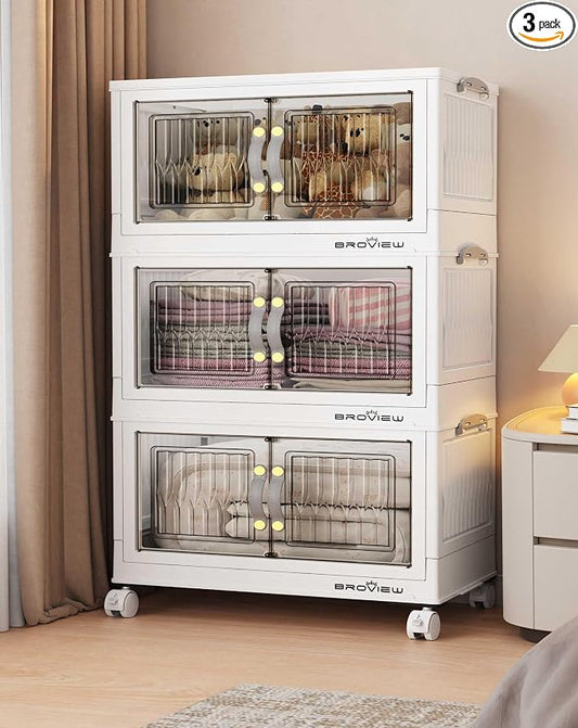 BROVIEW 135Qt Stackable Storage Bins with Lid, Extra Large Closet Organizer Collapsible Drawer Boxes with Wheels, Folding Plastic Cabinet Containers for Home Kitchen Room Organization, 3Pack White by BROVIEW-EnjoytheArtofLife