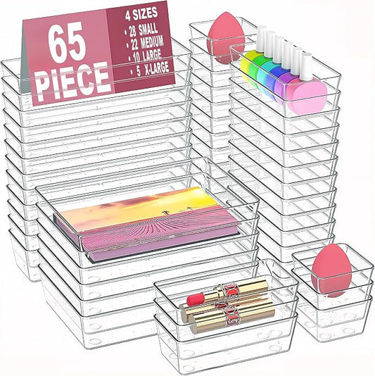 Manalete Drawer Organizers Set of 65, 4 Sizes Clear Plastic Drawer Organizers and Storage Bins for Kitchen, Bathroom, Office, Dresser Desk Drawer Organizer Tray for Jewelry, Makeup, Junk, Gadgets by Manelete
