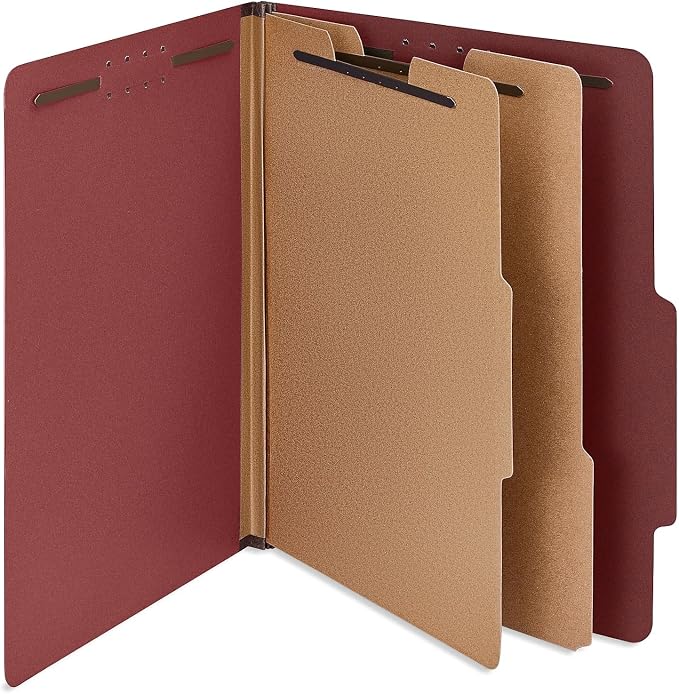Staples 100% Recycled Heavy‑Duty Classification Folder, Letter Size, 2 Dividers, 2″ Expansion, Red Pressboard, 10/Box by Staples