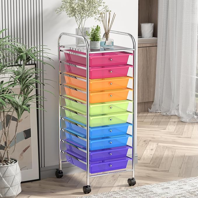 Storage Cart, Rolling Utility Cart with 10 Drawers, Portable Handles & Lockable Wheels, Mobile Paper Toys Storage Organizer Large Capacity for Home Office School Teacher (Rainbow) - Image 2
