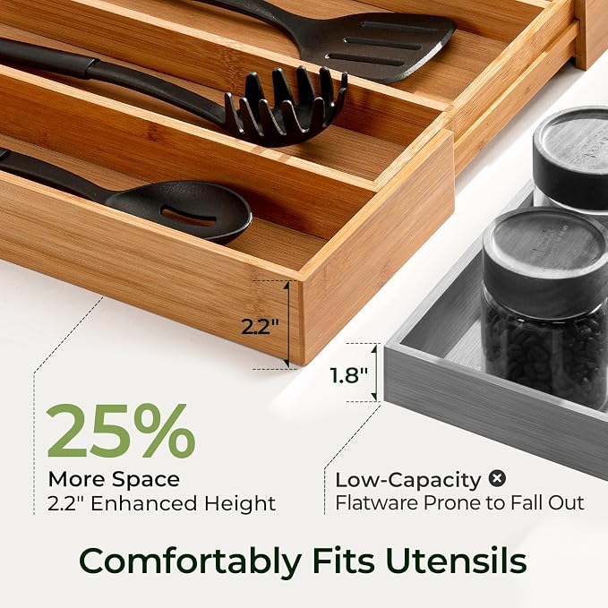 Carbonized Bamboo Kitchen Drawer Organizer, 5 Slots Expandable Silverware Organizer, Utensil Holder & Cutlery Tray, 2.2" Deep for Extra Capacity, Non-Slip Feet Included. - Image 5