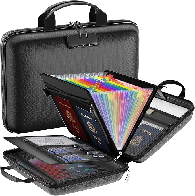 Tamfile Fireproof File Organizer with Lock,Hard Case Fireproof Document Box | 13 Colour Pockets Accordion File Folder, Office Home Important Document Organizer for Letter A4 Files Laptop Passports,Black by Tamfile