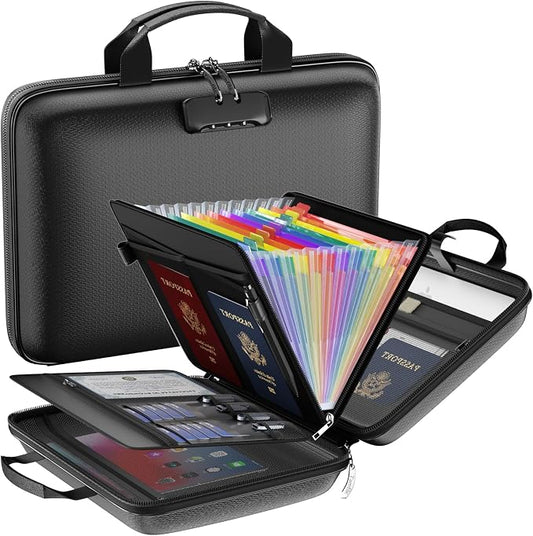 Tamfile Fireproof File Organizer with Lock,Hard Case Fireproof Document Box | 13 Colour Pockets Accordion File Folder, Office Home Important Document Organizer for Letter A4 Files Laptop Passports,Black by Tamfile