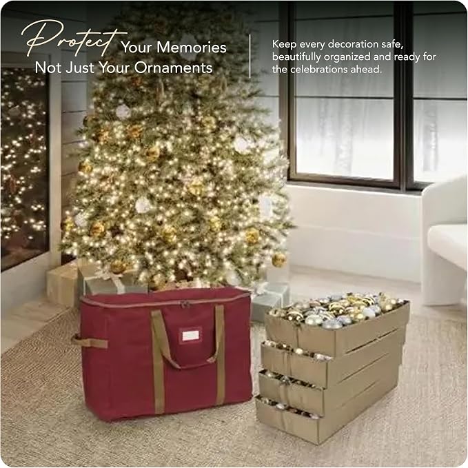 Covermates Keepsakes Adjustable Ornament Storage Bag – Heavy-Duty Polyester, Padded Dividers & FlexGrid Trays – Protective Holiday Ornament Organizer with Handles & Label Window, Red - Image 2