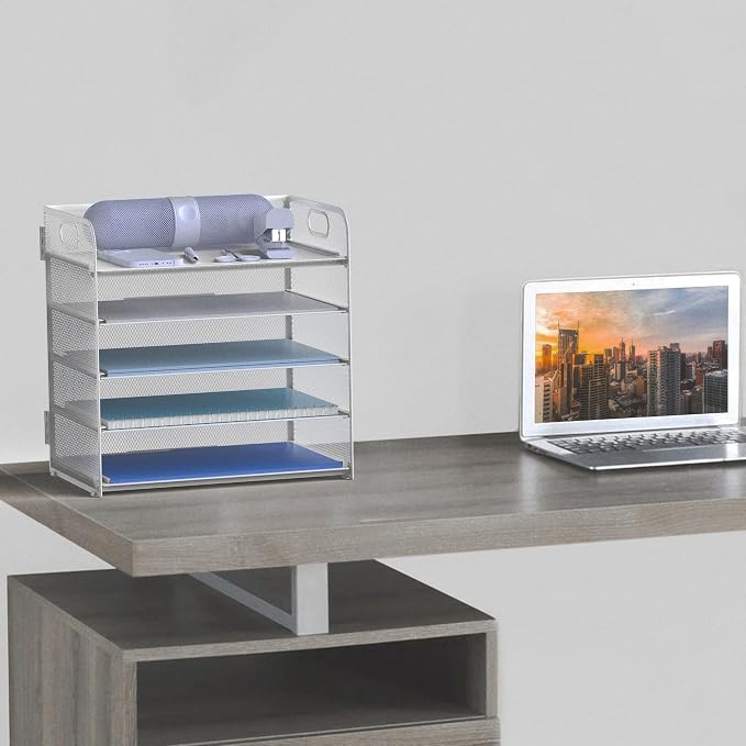 Letter Tray Paper Organizer 5-Tier Desk Organizer File Organizer Paper Holder with Handle, Metal Desktop Document Shelf Tray Office Classroom Organization - Silver - Image 6