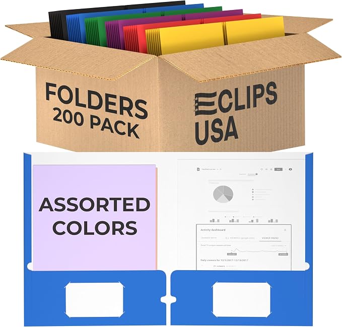Folders with Pockets 2 Pocket Folders Bulk Holds 100 Sheets (50 Sheets Per Pocket) Assorted Colors Office School (200 Pack) by VEEBOOST