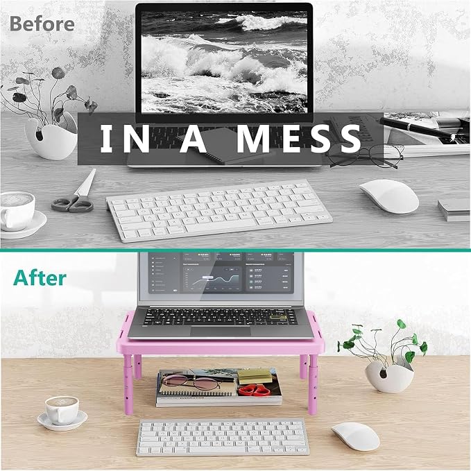 WALI Computer Monitor Stand for Desk, Adjustable Laptop Riser, up to 44 lbs | Desk Monitor Riser Underneath Storage, Fits Notebook, Laptops, Printers, for Home, Office, School (PTT001-P),1 Pack, Pink - Image 7