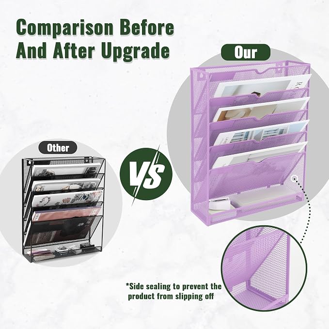 6 Tier Mesh Hanging Wall File Organizer, Desk Vertical Mail Paper Document Folder Holder Rack with Bottom Tray and Nametag Label for Office Home School, Light Purple - Image 3