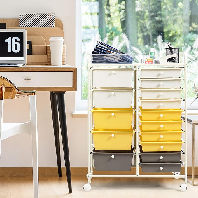 DORTALA 15-Drawer Rolling Storage Cart with Drawers, Rolling Utility Cart w/Removable Drawers & Universal Wheels, Tools Scrapbook Paper Organizer for School, Office, Home, Classroom (Yellow) - Image 9