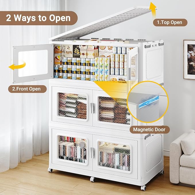 BROVIEW 1200 Qt/300 Gal Stackable Storage Bins with Lids, 4 Pack, White | Large Stackable Storage Boxes w/ 1 Lid Folding Plastic Cart Organizer for Home Kitchen, Open Front Clear Door with Wheels - Image 6