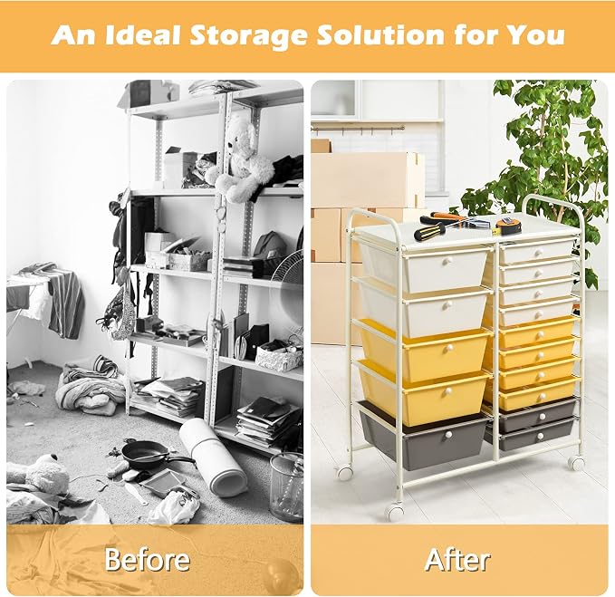 GOFLAME 15-Drawer Rolling Storage Cart, Craft Storage Cart with Removable Drawers & Lockable Wheels, Art Cart Supply Storage Organizer for Home Office Classroom, Yellow - Image 7