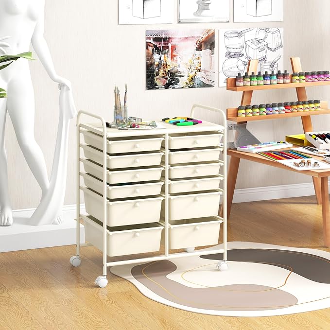 GOFLAME 12-Drawer Rolling Storage Cart, Multipurpose Organizer Cart with 2 Sizes Plastic Drawers, Mobile Utility Cart with Lockable Casters for School, Home Office, Beauty Salon, White - Image 2